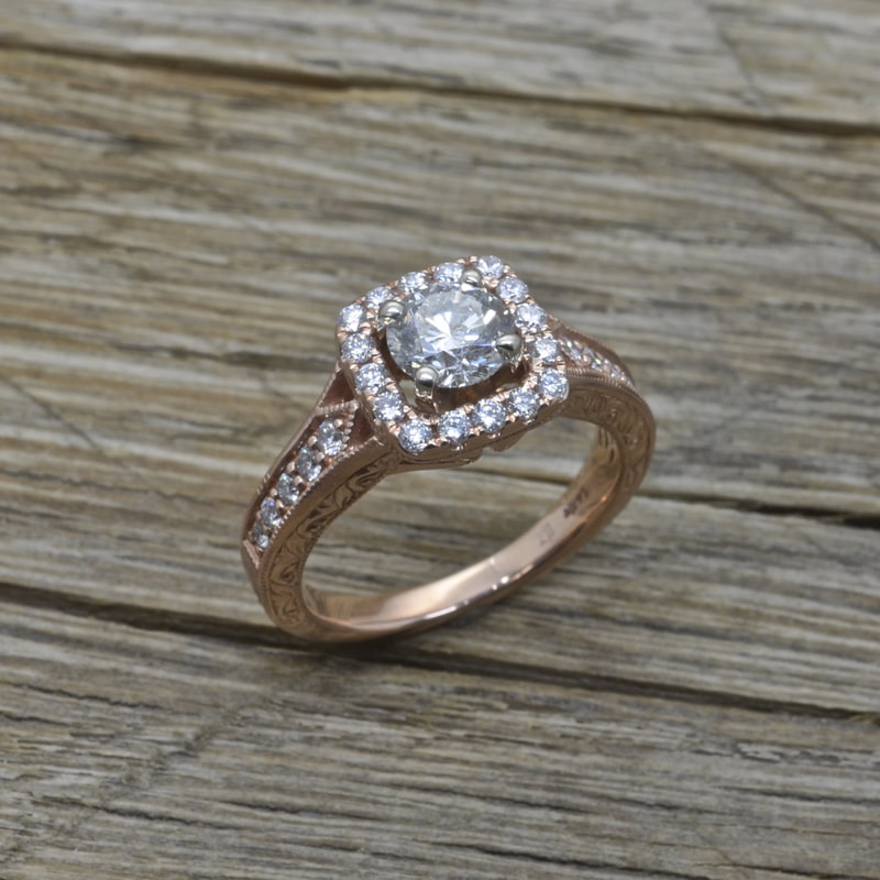 Rose Gold Ring, Diamonds, Custom Rings, Jewelry Design, Wedding rings, Halo Design, Round Brilliant Cut Diamond, Boise, Treasure Valley